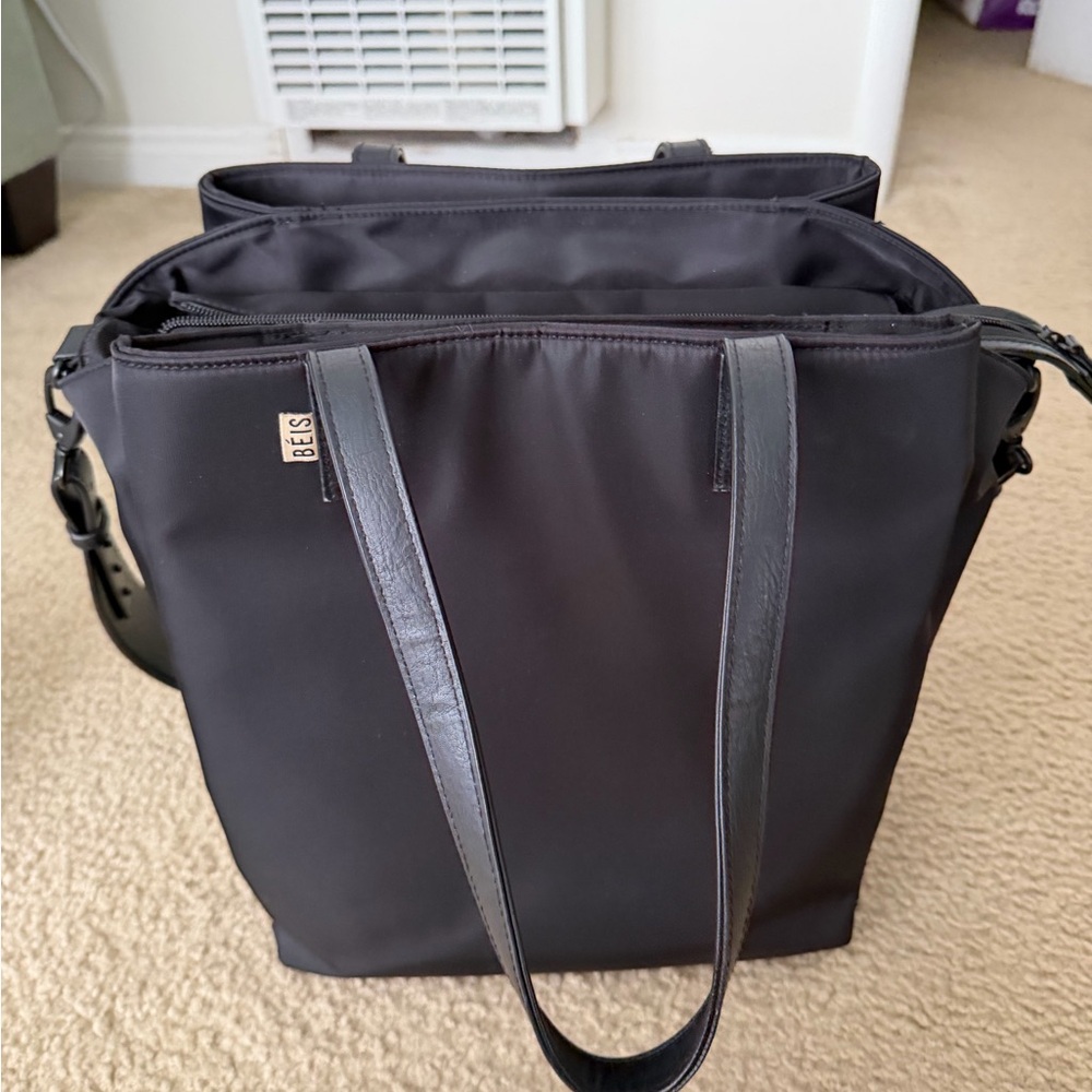 BEIS Black Nylon Commuter Tote with Leather Straps